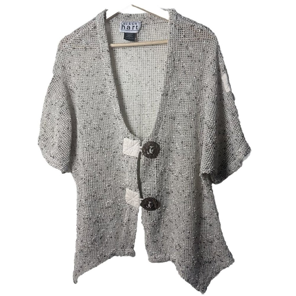 Keren Hart Cardigan Womens Open Weave Lagenlook Tan Fishnet Size Large